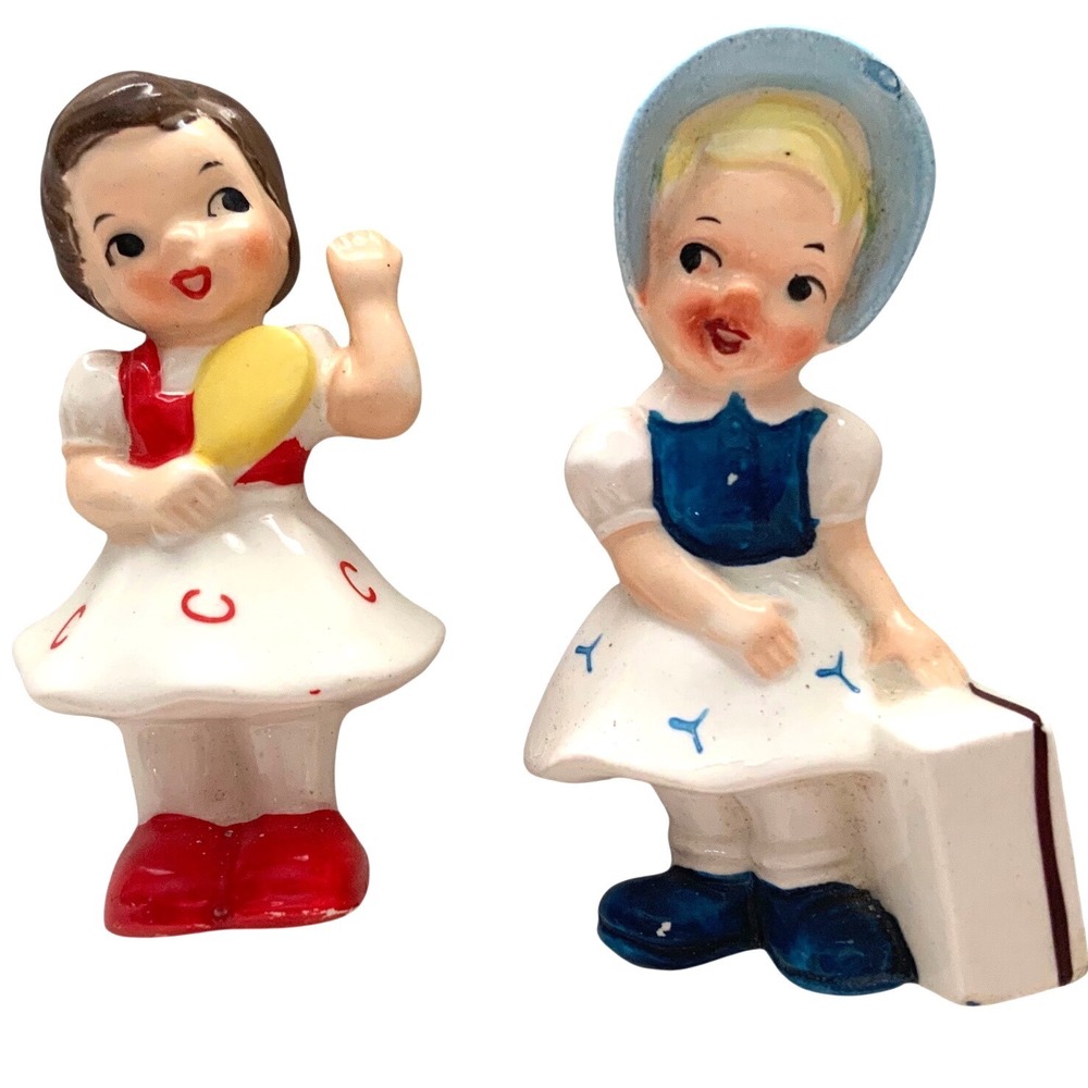 Vintage Geo Z Lefton Japan Girl Figurines Pair Mirror Suitcase 1950s MCM
